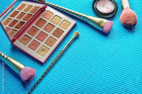 Professional makeup brushes and tools  on green pastel background