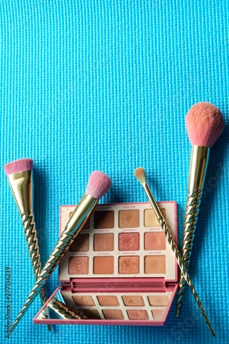 Professional makeup brushes and tools  on green pastel background