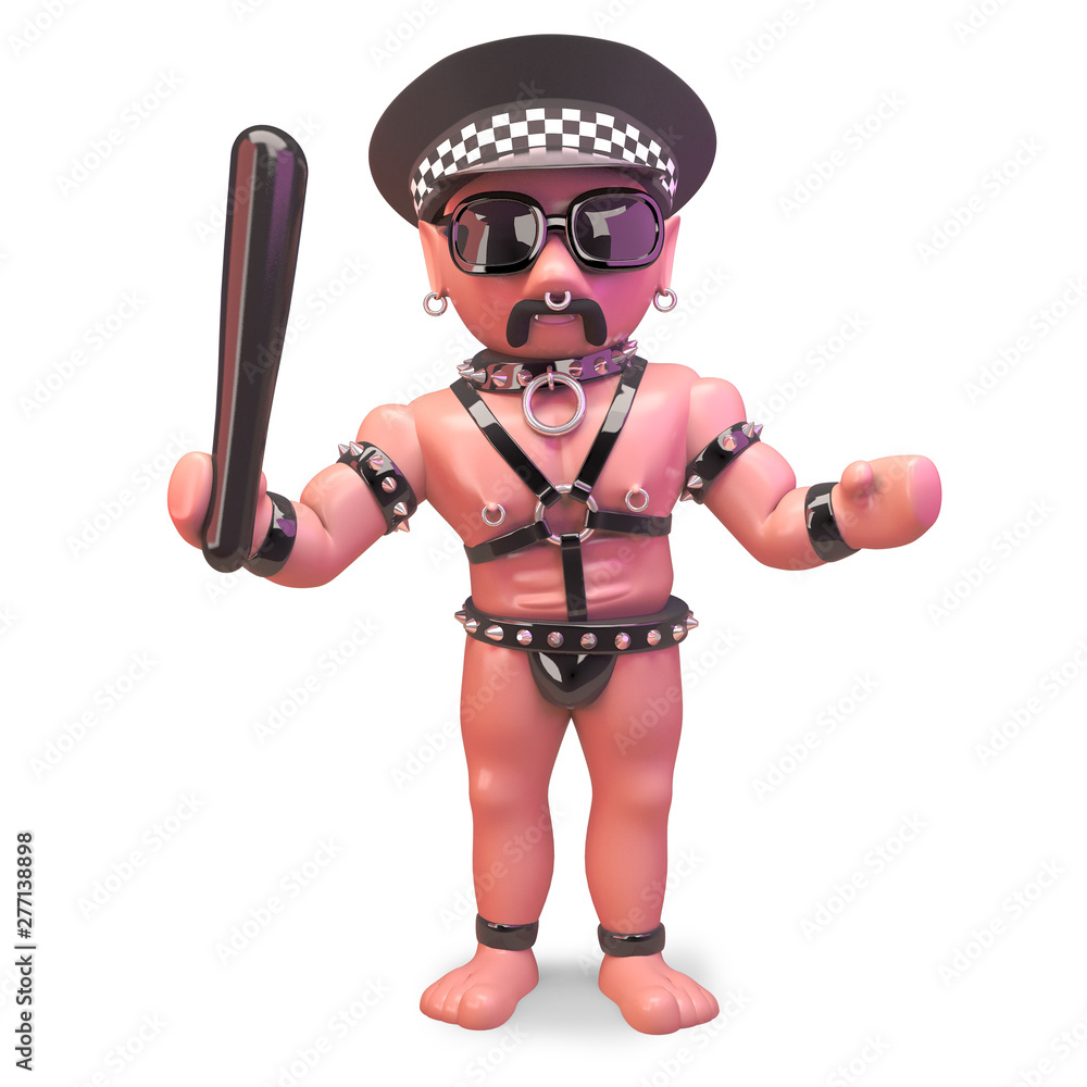 Bald man in gay fetish outfit wearing policemans hat, 3d illustration