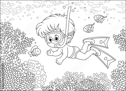 Little boy diving with a mask and a snorkel among funny striped fishes on a coral reef in a tropical sea, black and white outline vector illustration in a cartoon style for a coloring book
