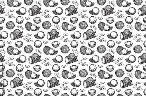 Hand drawn black sketch coconuts outline seamless pattern. Vector ink drawing coco fruits. Graphic illustration, isolated on white background