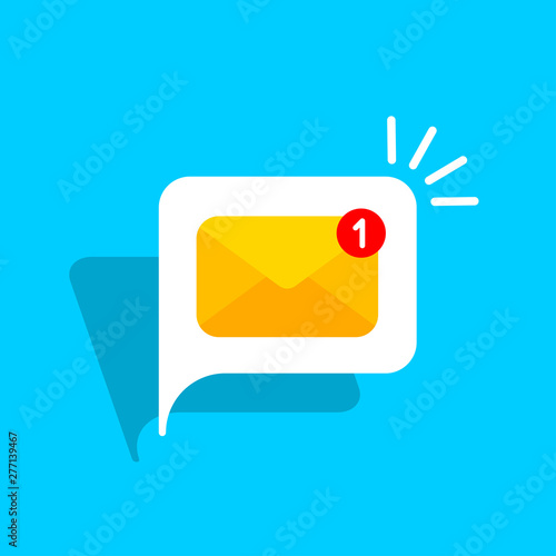 Yellow mail envelope on white bubble. Mail notification with red marker One Message. Delivery of messages, sms. Vector illustration in flat style.