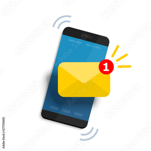 Unread email notification. New message on the smartphone screen. Vector illustration with realistic shadow.