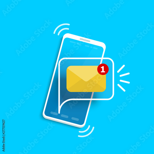 Unread email notification. New message on the smartphone screen. Vector illustration with realistic shadow.