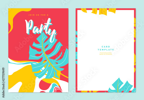 Summer party invitation card template design, split-leaf Philodendron plant with wavy liquid graphics, colorful vibrant red, blue and yellow tones