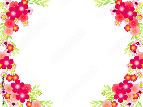 夏の花のフレーム、赤いニチニチソウ、ポーチュラカ、ワックスフラワー