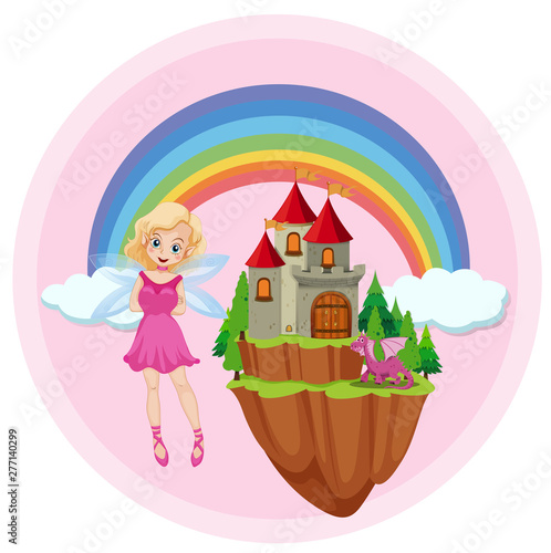 Cute fairy and dragon on sky