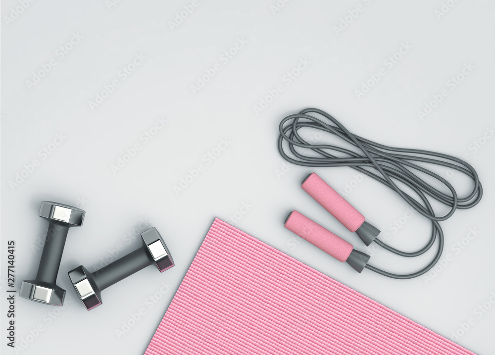 Pink fitness mat, dumbbells and jumping rope on the floor - obrazy, fototapety, plakaty 