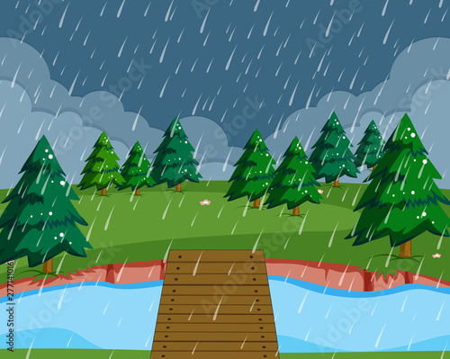 Flat raining nature landscape