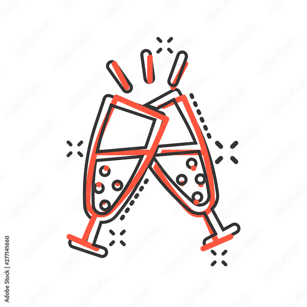 Сhampagne glass icon in comic style. Alcohol drink vector cartoon illustration on white isolated background. Cocktail splash effect business concept. Сhampagne glass icon in comic style. Alcohol drink vector cartoon illustration on white isolated background. Cocktail splash effect business concept.