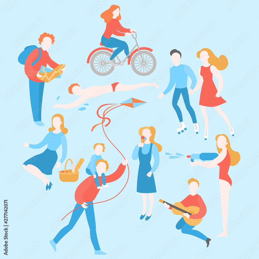 Summer activity. Cartoon people in park eating, riding, swimming,travelling, playing guitar, flying kite, having picnic, water fight and ice-cream. Flat couple outdoor