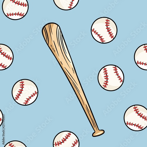 Baseball ball and bat seamless pattern. Cute doodle hand drawn doodles background texture tile