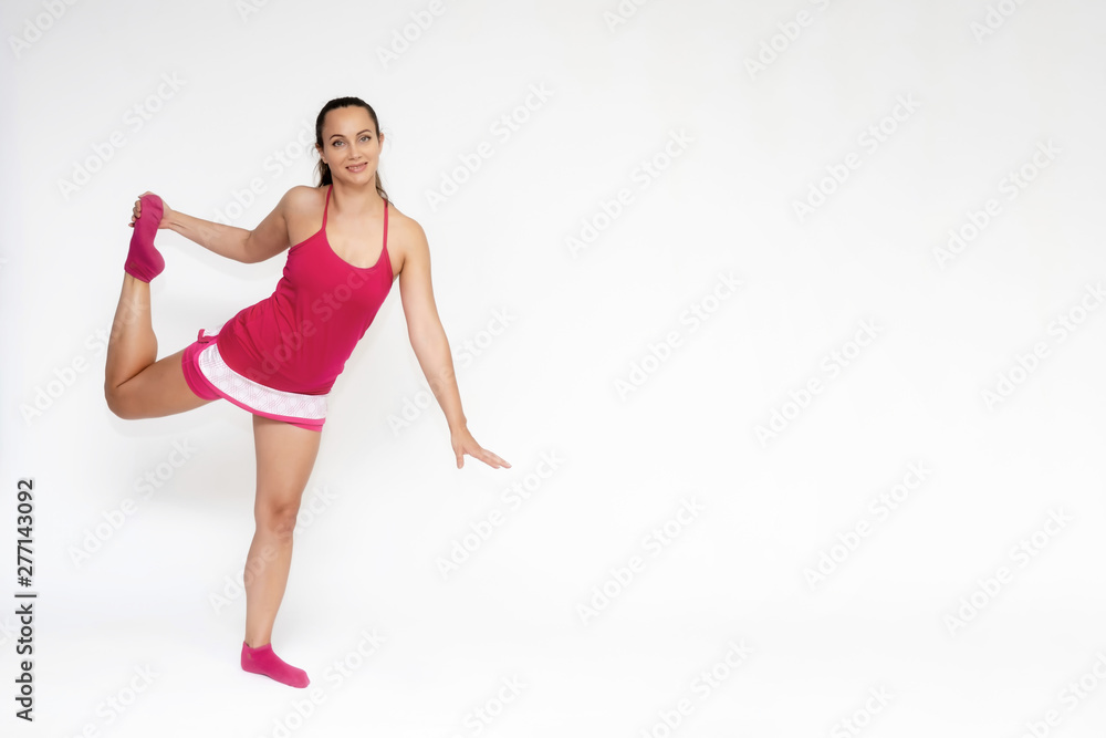 Fototapeta premium Full-length portrait on white background of beautiful pretty fitness girl woman in pink sport uniform standing exercises in different poses with different emotions. Smiles Stylish trendy youth.