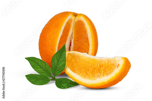 Oranges with green leaves on a white background.