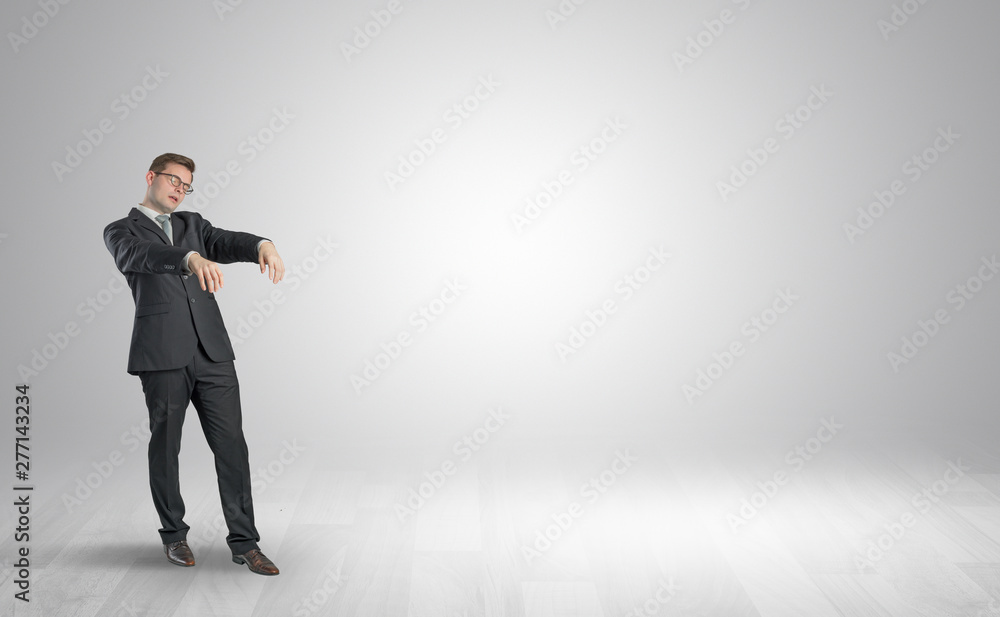 Zombi, sleepy maniac businessman walking in a copy space Zombi, sleepy maniac businessman walking in a copy space