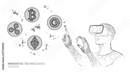 Male modern trader manage blockchain system. Virtual reality assistance administration data operation. 3D VR headset augmented reality glasses finance online digital banner vector illustration