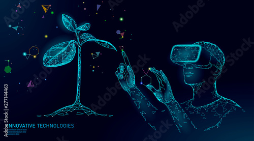 DNA evolution modern engineering technology. Augmented reality helmet vr glasses. Ecology nature gene innovation concept. GMO gene engineering plant organic science medical vector illustration
