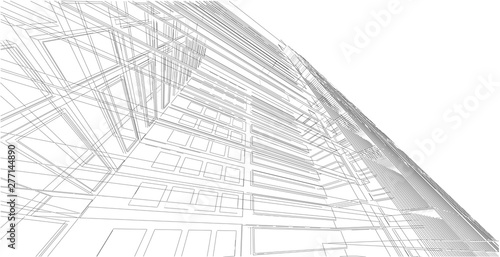 3D illustration architecture building perspective lines.