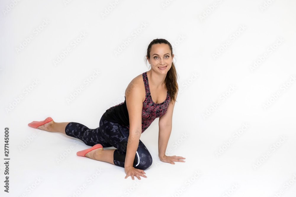 Full-length portrait on white background of beautiful pretty fitness girl woman in trendy tennis sport uniform, with different emotions in different poses, shows hands. Smiles. Stylish trendy youth. Full-length portrait on white background of beautiful pretty fitness girl woman in trendy tennis sport uniform, with different emotions in different poses, shows hands. Smiles. Stylish trendy youth.