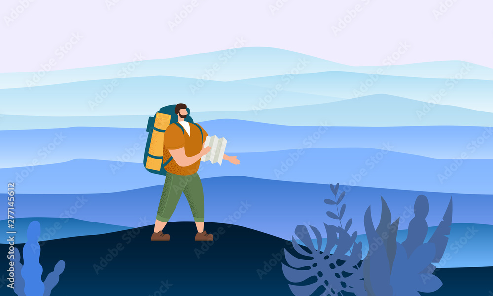 Obraz premium Tourist man with map and backpack performing outdoor touristic activity