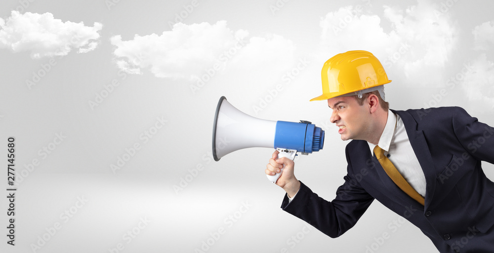 Young supervisor architect yelling to far big city panorama Young supervisor architect yelling to far big city panorama
