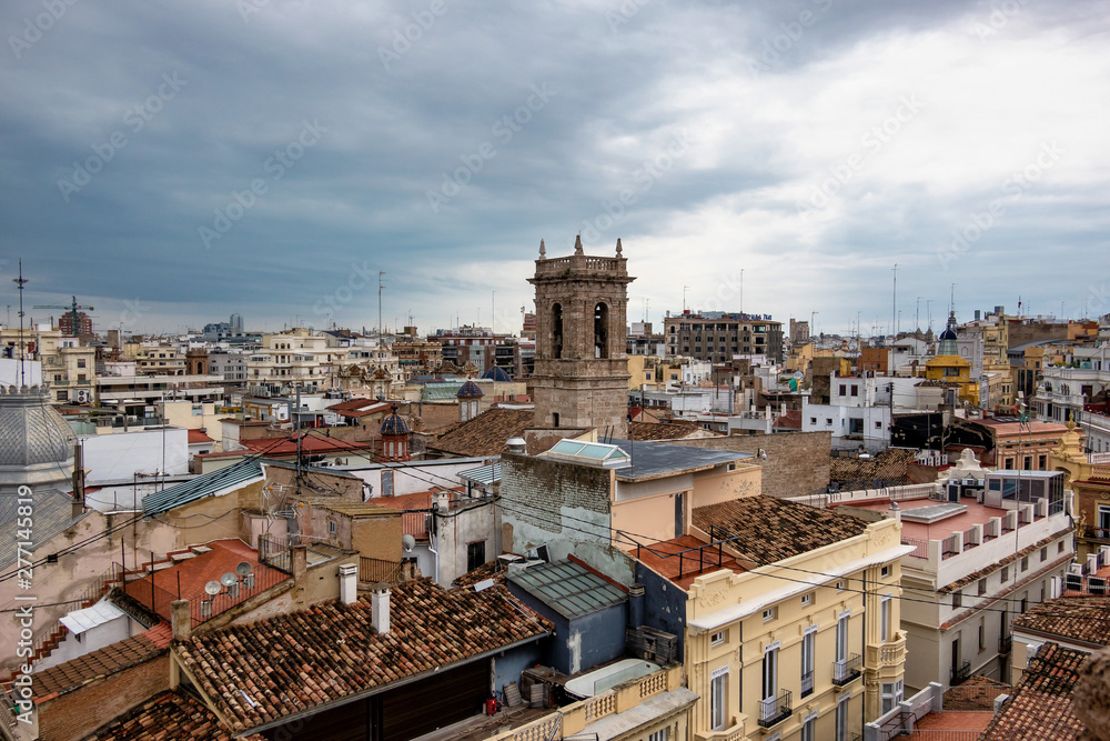 View on squares, buildings, streets of Valencia in Spain.