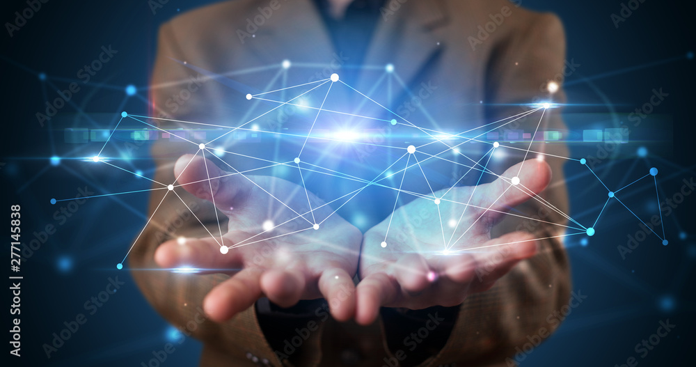 Handsome person holding hologram screen displaying modern cloud based web system technology Handsome person holding hologram screen displaying modern cloud based web system technology