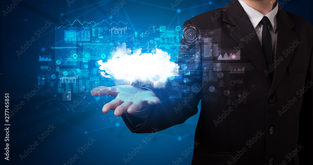 Person holding hologram screen displaying information from cloud based system Person holding hologram screen displaying information from cloud based system