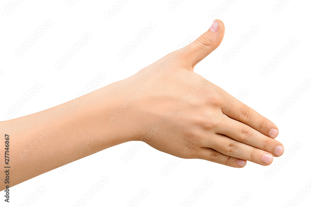 Child's hand is holding for handshaking, isolated on white background. Gesture of greeting or agreement.