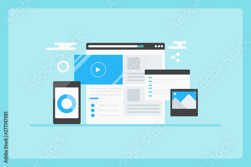 Content management system, cms, manage business data, marketing analytics concept, flat design vector banner on a isolated blue background.
