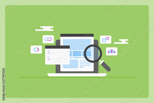 Search engine optimization, seo marketing data, website analytics concept, flat design web banner with icons.