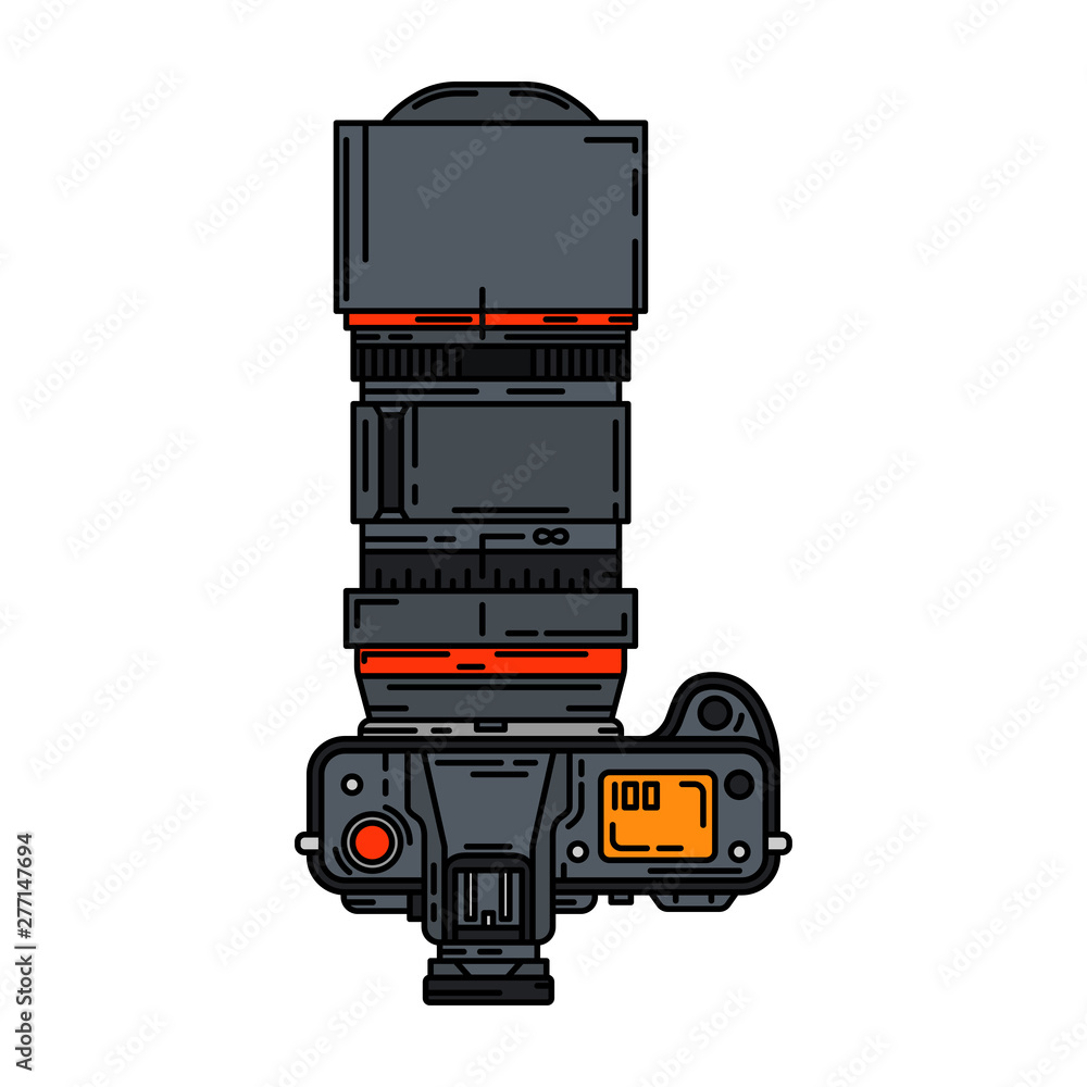 Color vector icon with digital slr professional camera. Photography art. Megapixel photocamera. Cartoon style illustration, element design. Photographic lens. Snapshot equipment. Digital photo studio.