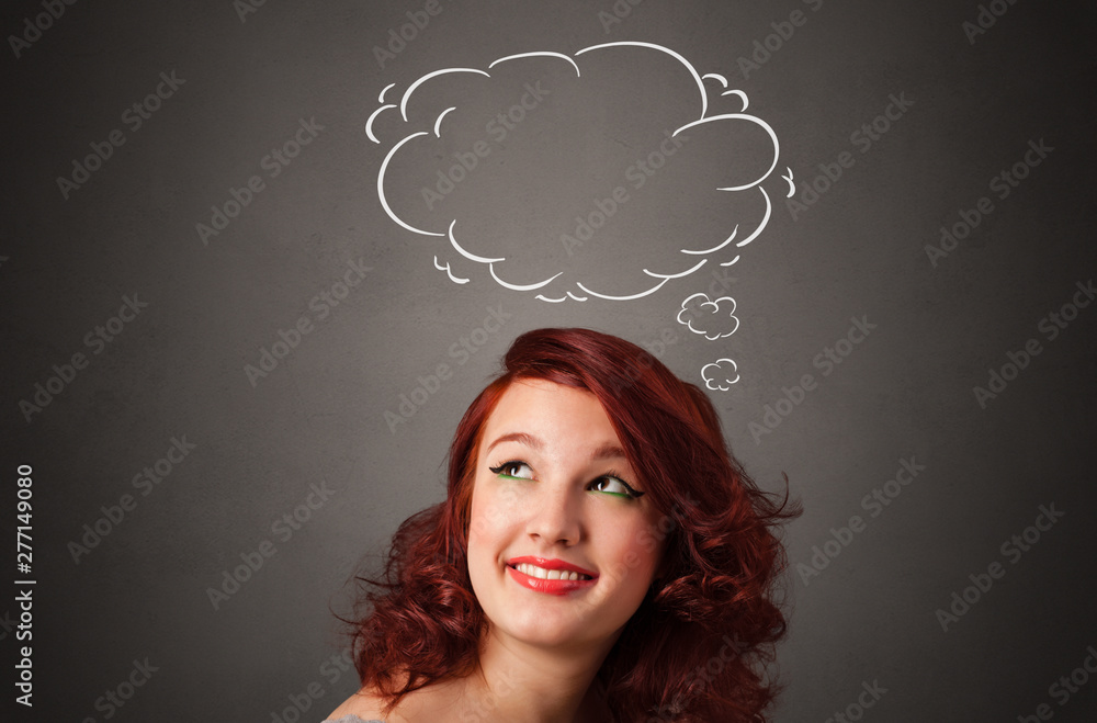 Pretty girl thinking with speech bubble above her head Pretty girl thinking with speech bubble above her head