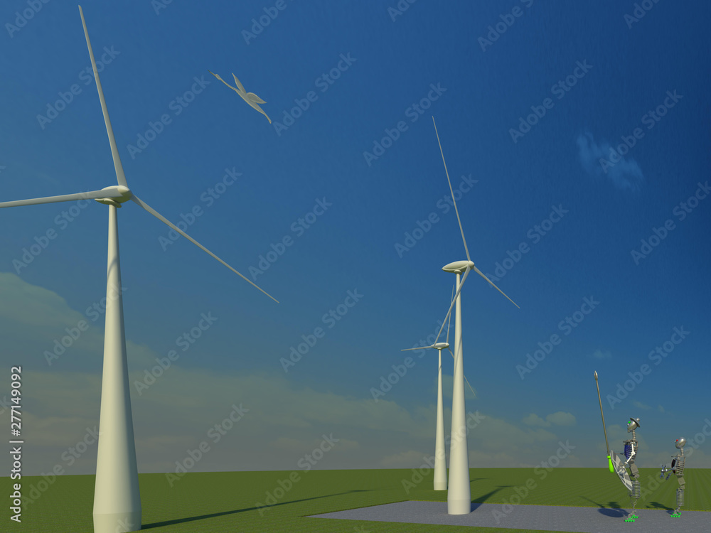 Don Quixote moving with the times 3D illustration 1. Robot characters versus windmills, perspective, futuristic, sky background. Collection. Don Quixote moving with the times 3D illustration 1. Robot characters versus windmills, perspective, futuristic, sky background. Collection.