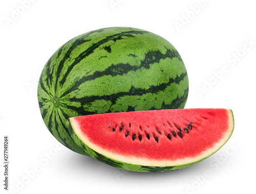 whole and slices watermelon fruit isolated on white background