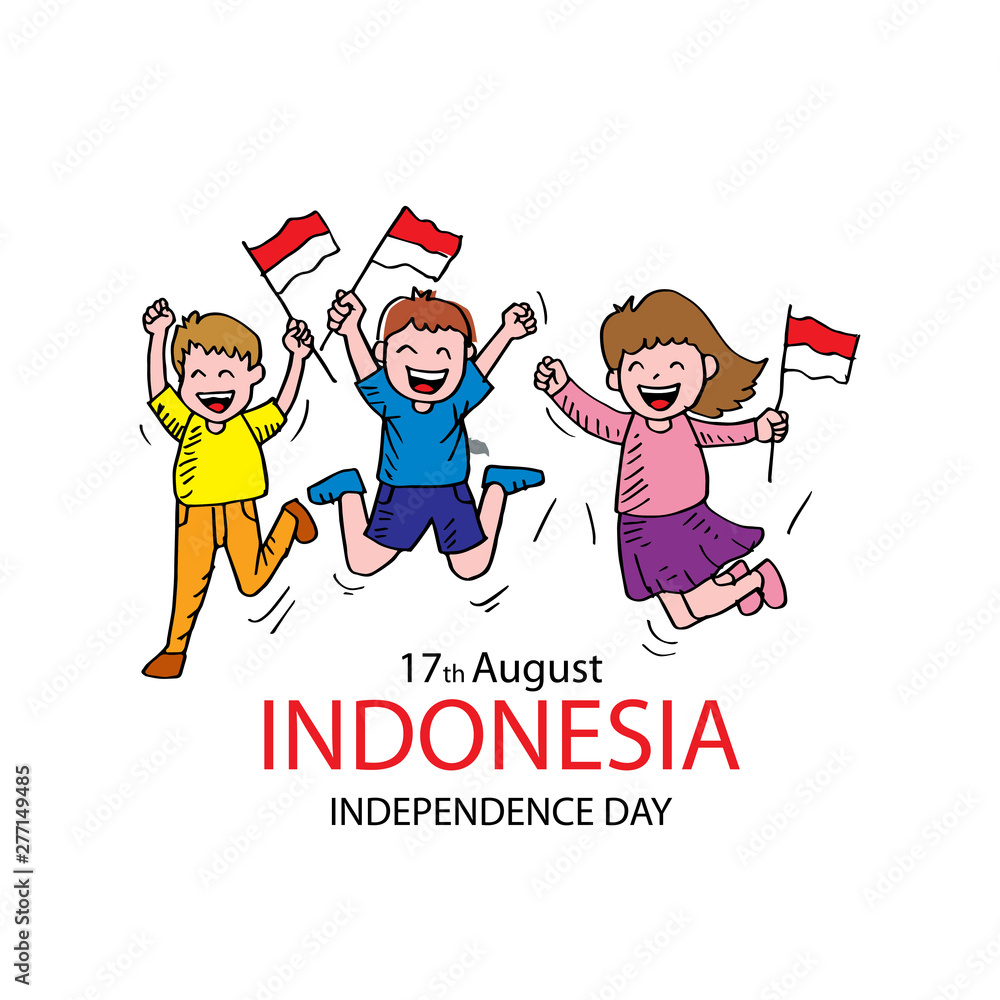 Independence Day Of Indonesia Hand Drawing Boy And Girl Holding Flag Stock Vector Adobe Stock 5902