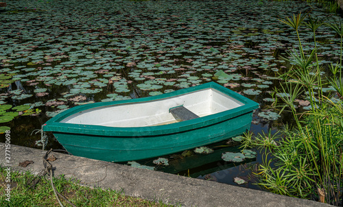 Green plastic boat on the pond with green water lily leaves