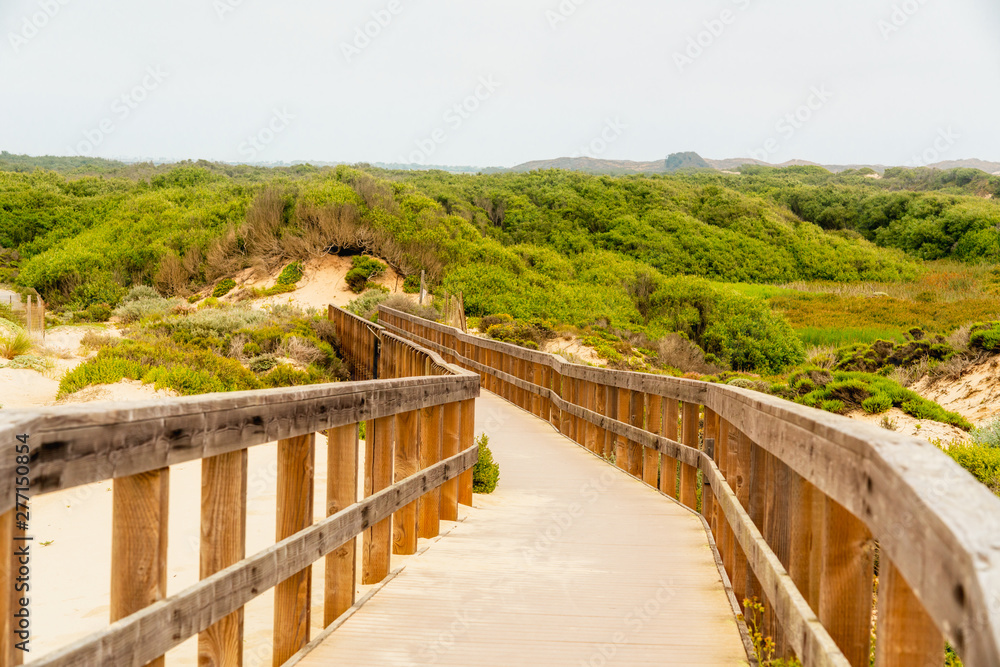 Wooden Boardwalk through the Dunes. Oso Flaco Lake Natural Area, Oceano, California