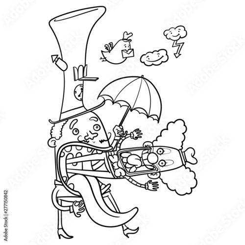 funny cartoon vector illustration of a clown spitting out a clown. t-shirt, disturbing, grafitti, street art, character, bird, umbrella, cylinder, tongue, gag, nausea, swallowed, drawing, doodle, sket