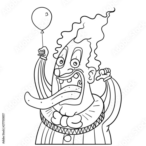 funny vector comic illustration of a creepy clown stretching out and holding an air balloon. it, horror, outline, doodle, drawing.