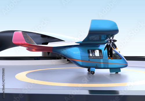 Blue E-VTOL passenger aircraft on airport parking area.Urban Passenger Mobility concept. 3D rendering image.