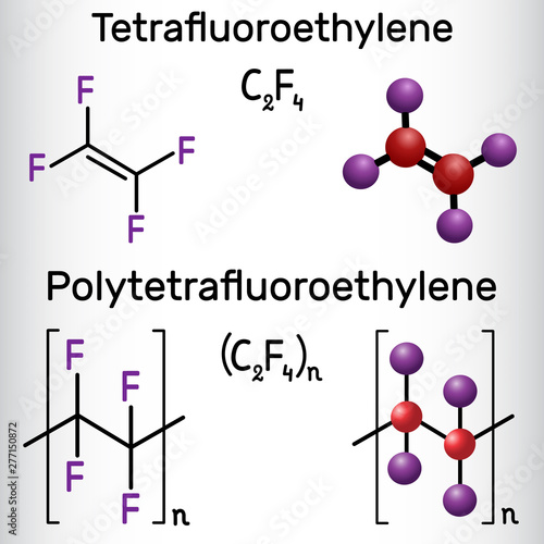 Polytetrafluoroethylene or PTFE, teflon polymer and Tetrafluoroethylene or TFE molecule. Structural chemical formula and molecule model