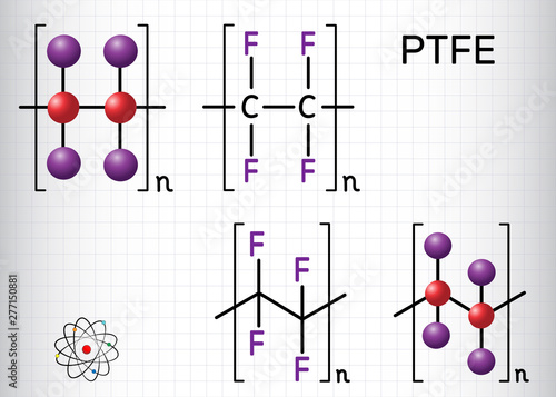 Polytetrafluoroethylene or PTFE, teflon polymer molecule. Is a synthetic fluoropolymer of tetrafluoroethylene. Structural chemical formula and molecule model. Sheet of paper in a cage