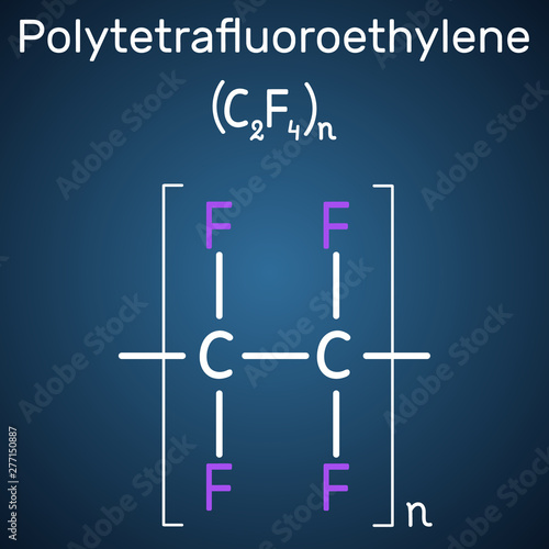 Polytetrafluoroethylene or PTFE, teflon polymer molecule. Is a synthetic fluoropolymer of tetrafluoroethylene. Structural chemical formula on the dark blue background