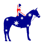Australian flag over elegant racing horse vector illustration isolated on white. Hippodrome entertainment and gambling sport event. Equestrian riding horse, national pride of Australia.