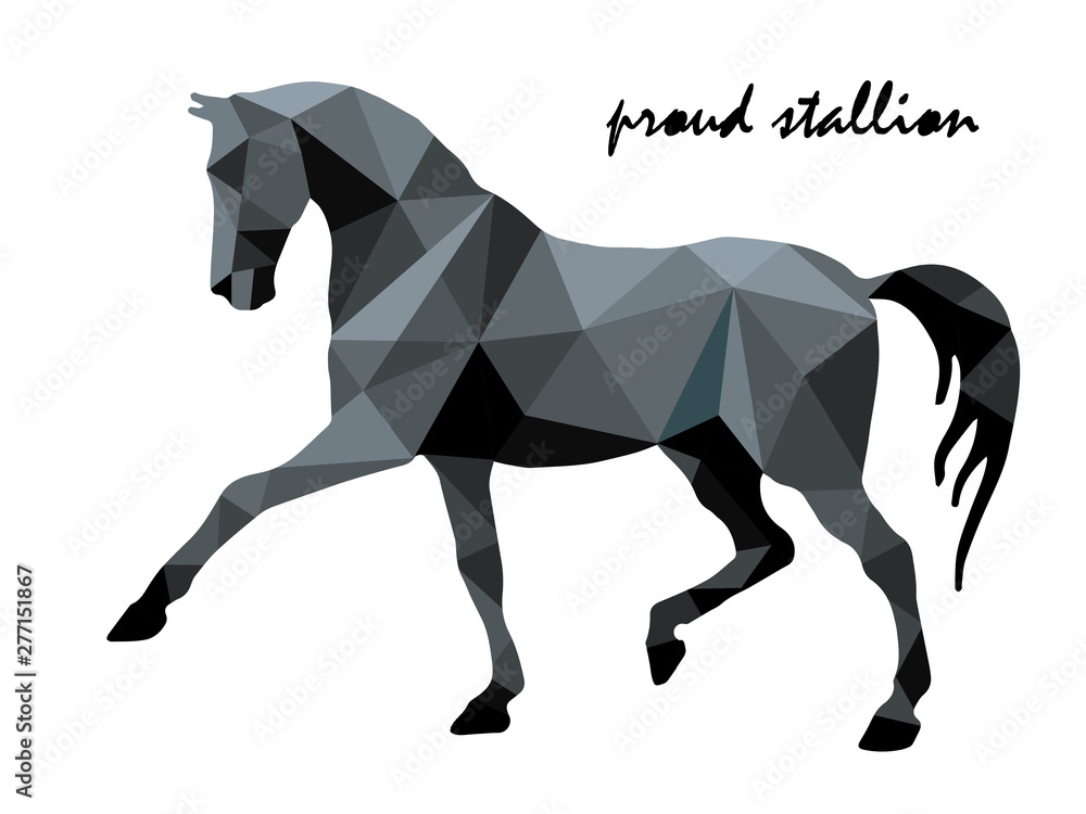 Obraz premium isolated figure of a black prancing horse on a white background and lettering, low poly trend 