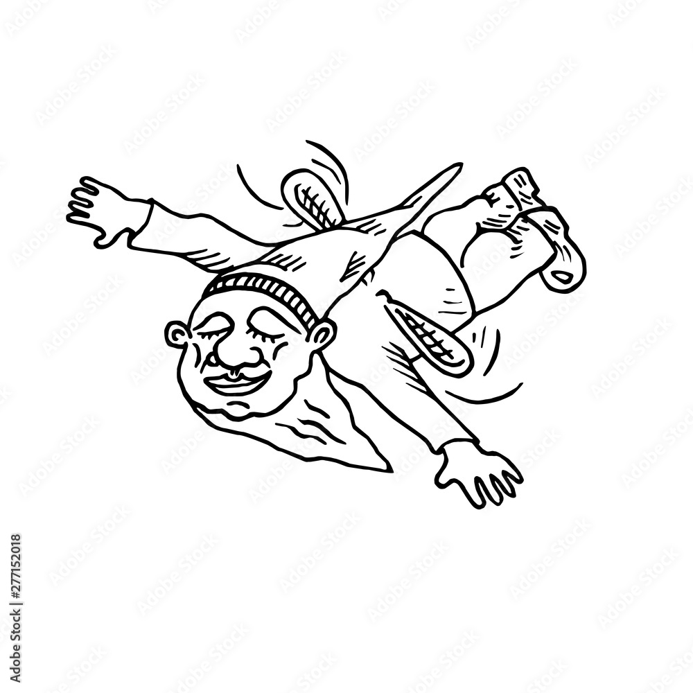 Fototapeta premium Funny gnome in hat flying on small wings, hand drawn outline doodle sketch vector illustration, perfect for card, invitation, greeting design