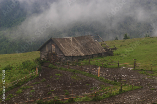 authentic wooden house (kolyba) of shepherds in the Ukrainian Carpathians photo