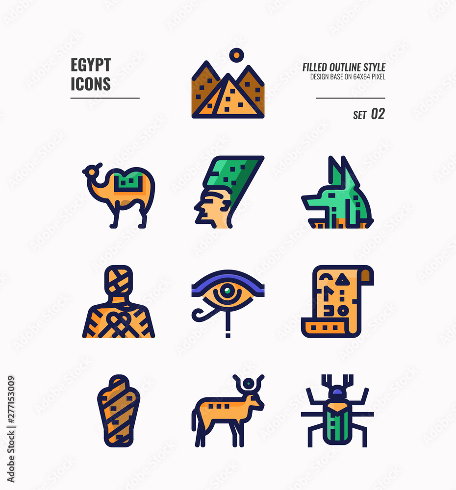 Egypt icon set 2. Include Pyramid, Anubis, god, mummy, camel and more. Flat icons Design. vector