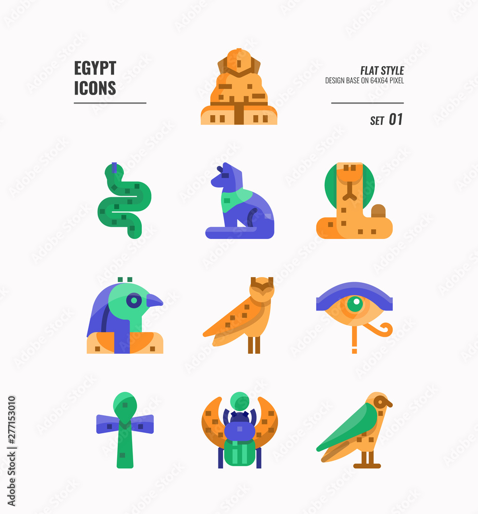 Fototapeta premium Egypt icon set 1. Include Sphinx, Horus, Ankh, Cobra, owl and more. Flat icons Design. vector
